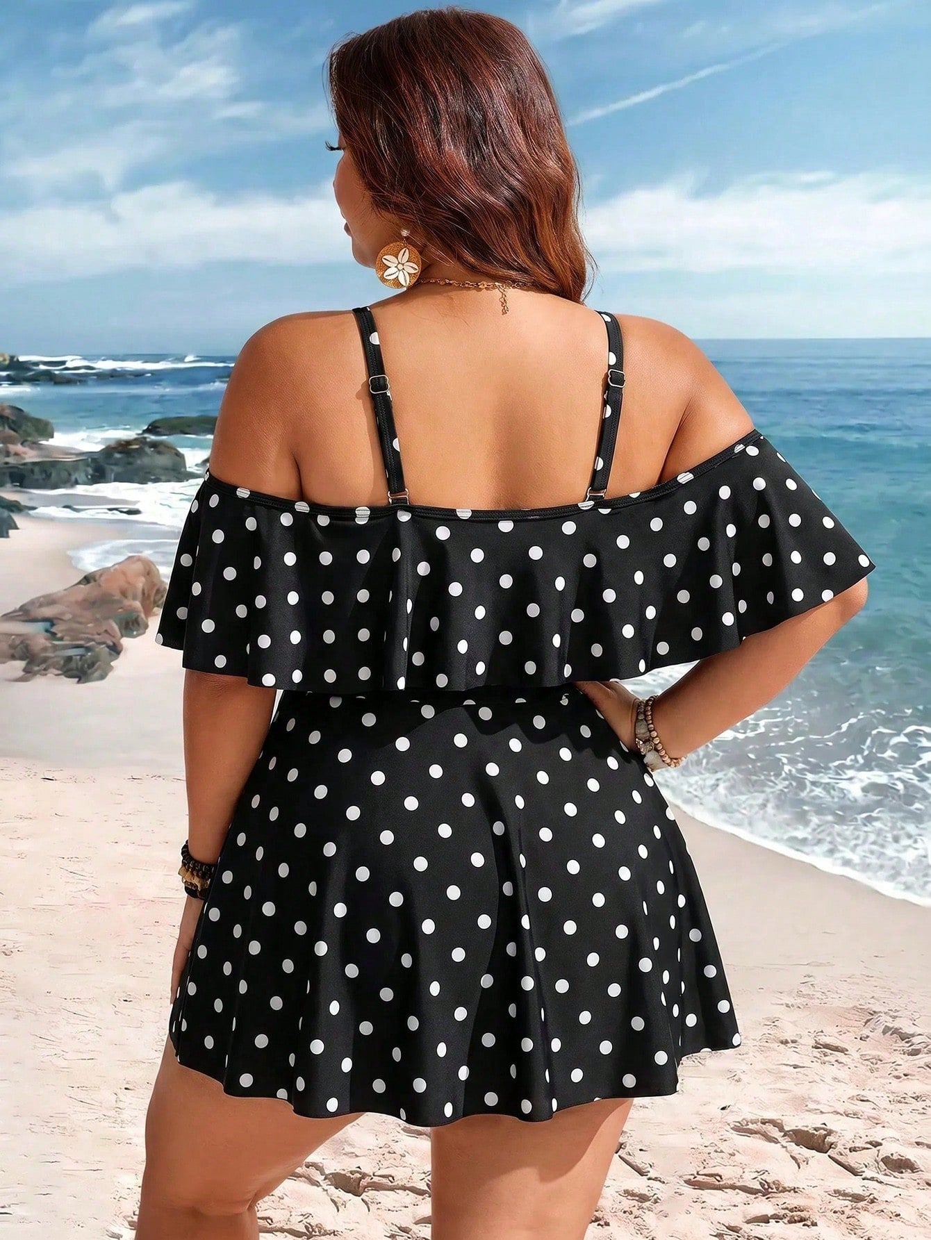 Swim Lushoire Plus Size Vacation Fashion Polka Dot Print Off-Shoulder Swim Dress And Swim Shorts Set
