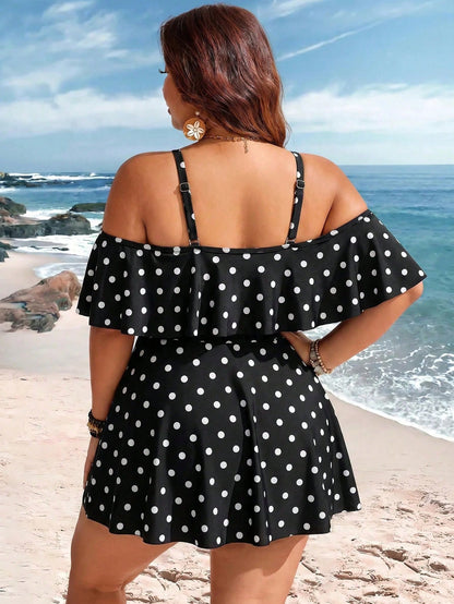 Swim Lushoire Plus Size Vacation Fashion Polka Dot Print Off-Shoulder Swim Dress And Swim Shorts Set