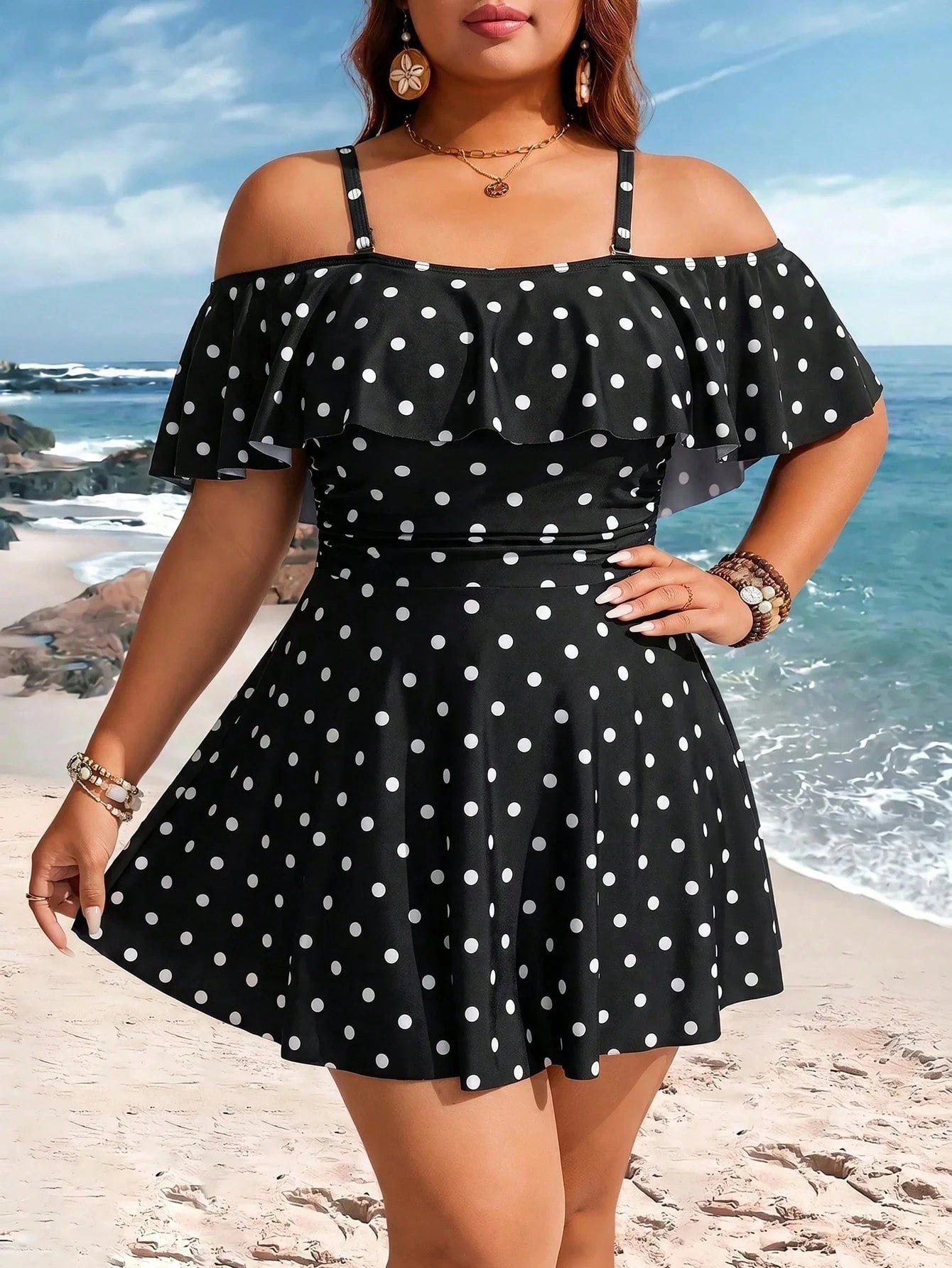 Swim Lushoire Plus Size Vacation Fashion Polka Dot Print Off-Shoulder Swim Dress And Swim Shorts Set