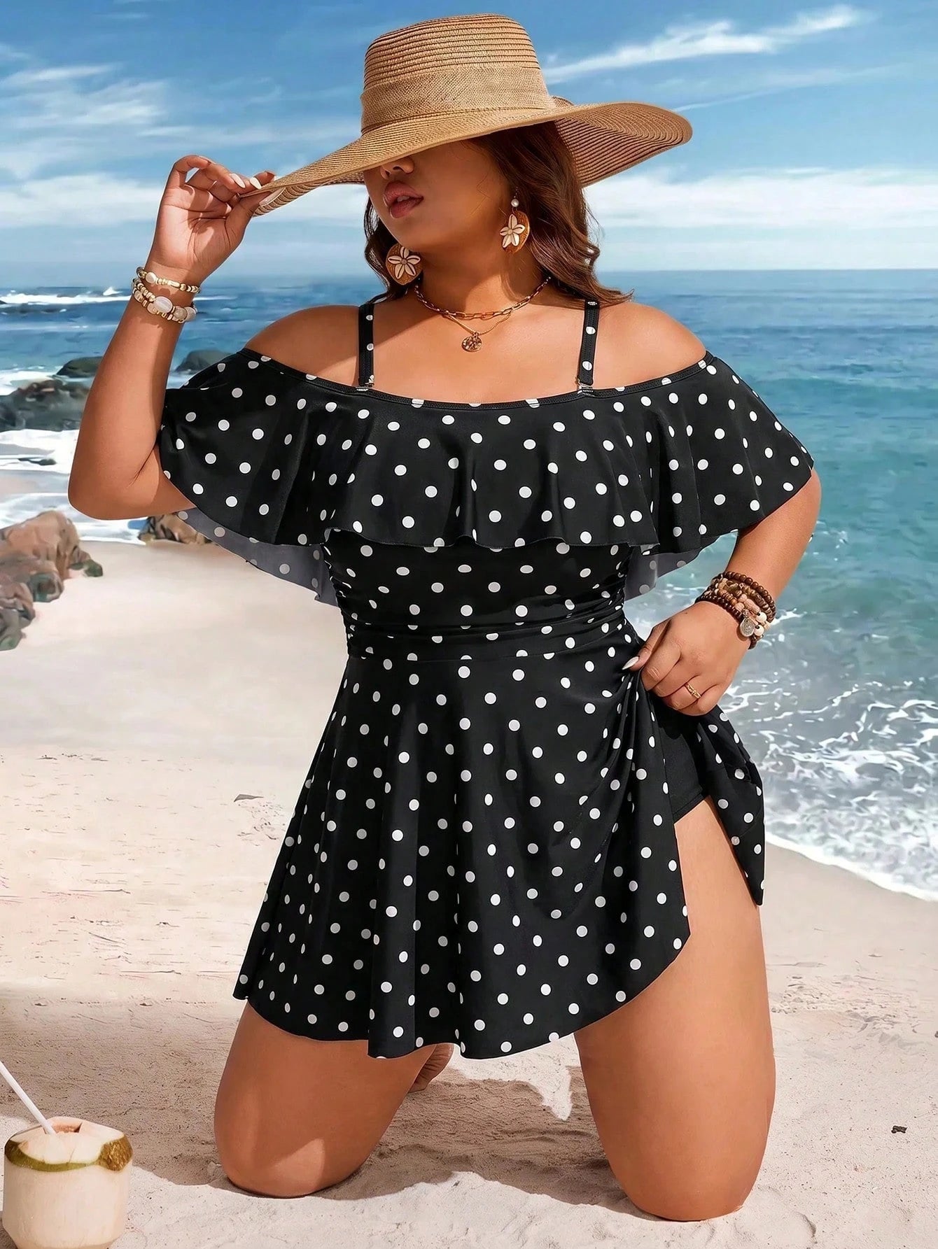 Swim Lushoire Plus Size Vacation Fashion Polka Dot Print Off-Shoulder Swim Dress And Swim Shorts Set