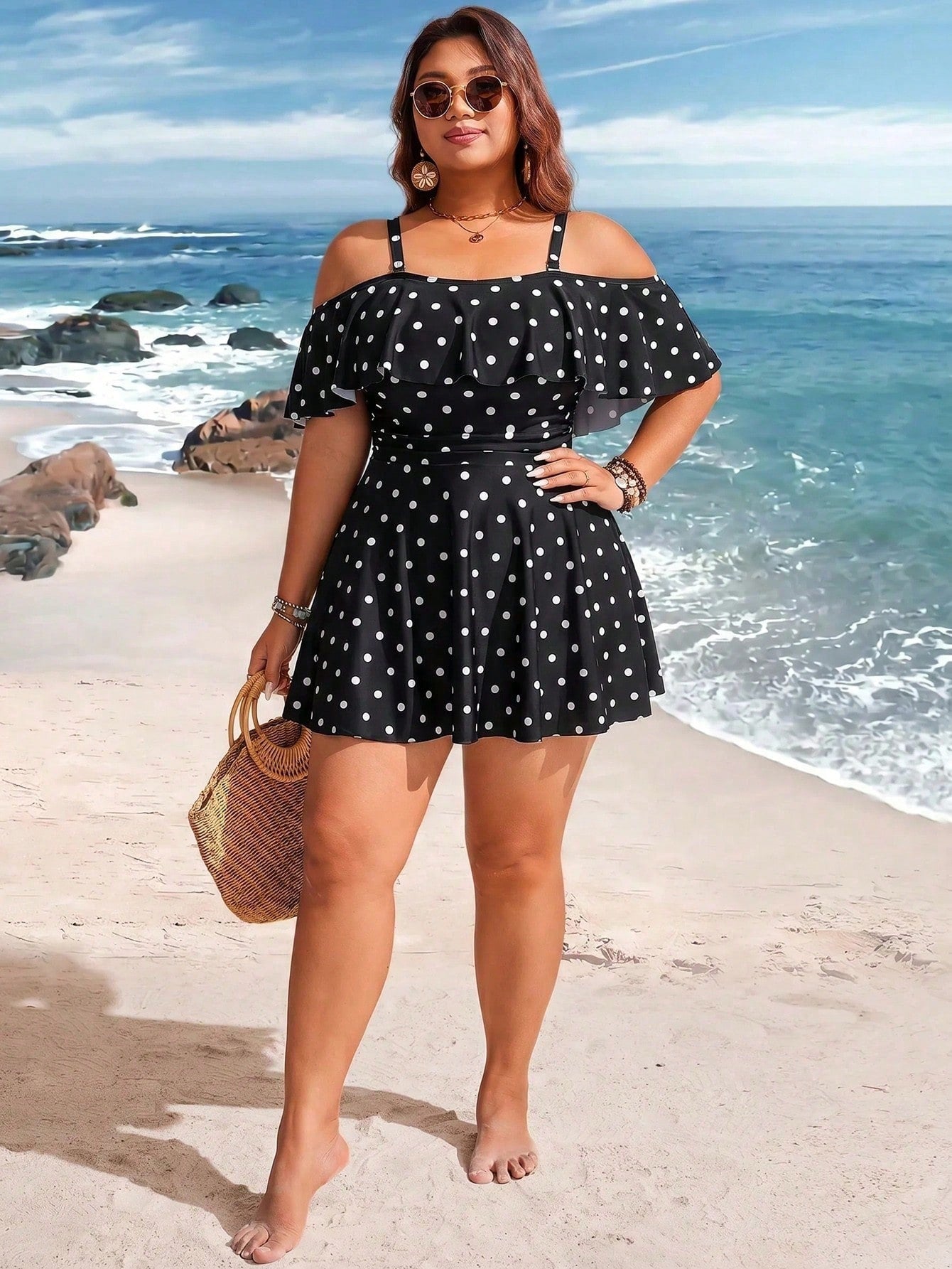 Swim Lushoire Plus Size Vacation Fashion Polka Dot Print Off-Shoulder Swim Dress And Swim Shorts Set
