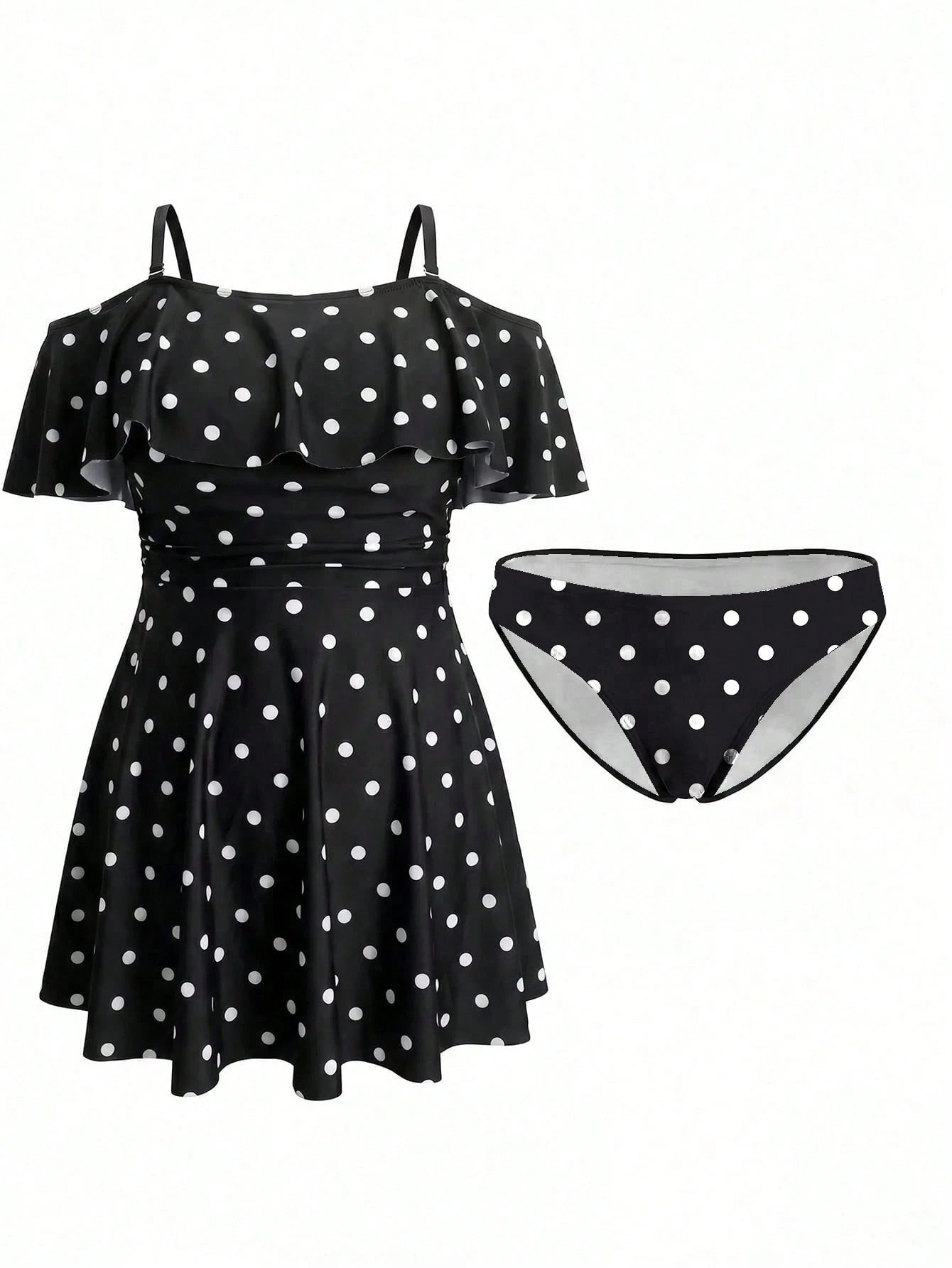 Swim Lushoire Plus Size Vacation Fashion Polka Dot Print Off-Shoulder Swim Dress And Swim Shorts Set