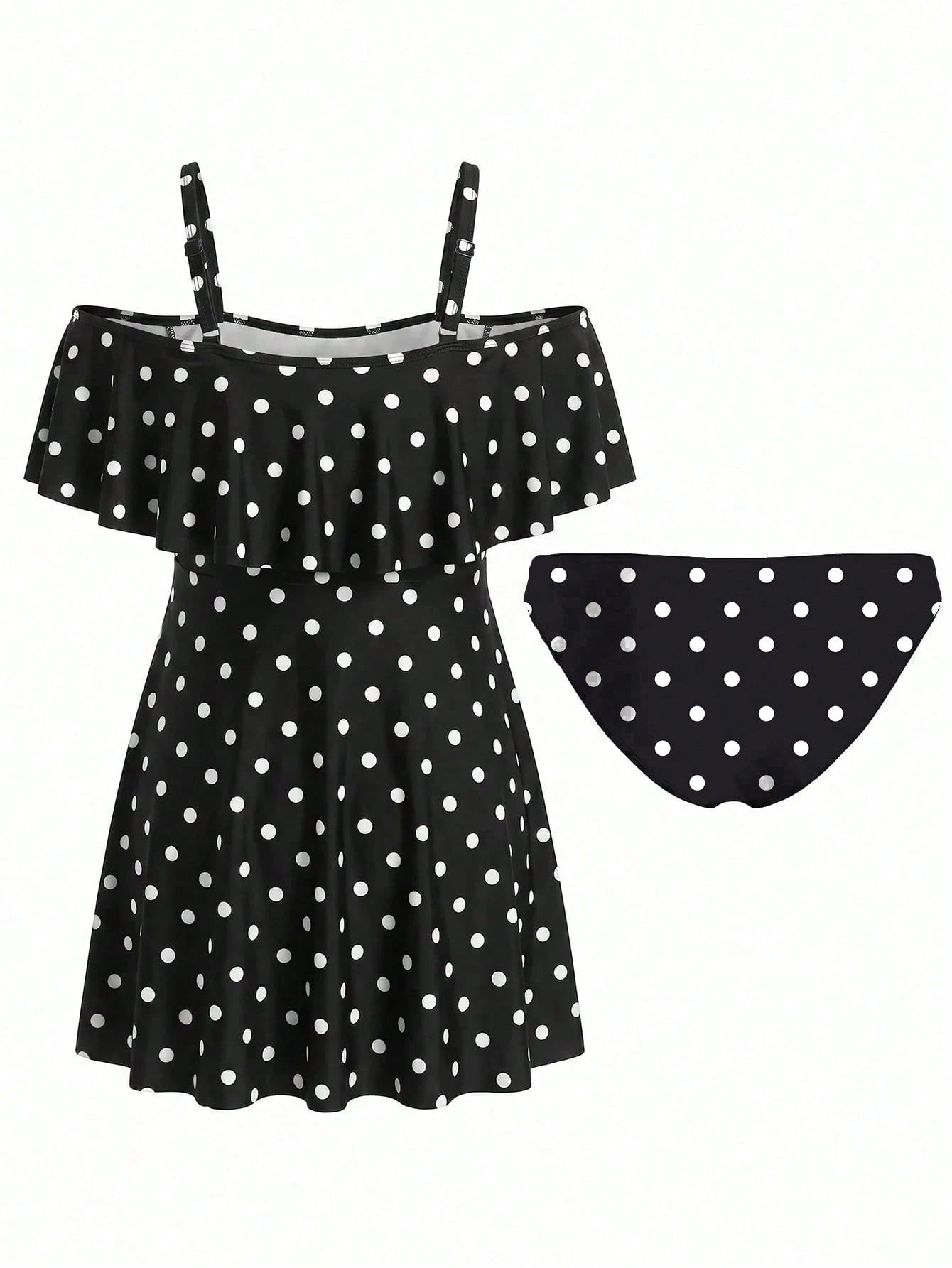 Swim Lushoire Plus Size Vacation Fashion Polka Dot Print Off-Shoulder Swim Dress And Swim Shorts Set