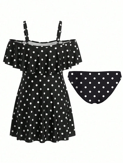 Swim Lushoire Plus Size Vacation Fashion Polka Dot Print Off-Shoulder Swim Dress And Swim Shorts Set