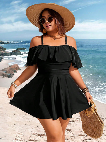 Swim Lushoire Plus Size Vacation Fashion Polka Dot Print Off-Shoulder Swim Dress And Swim Shorts Set