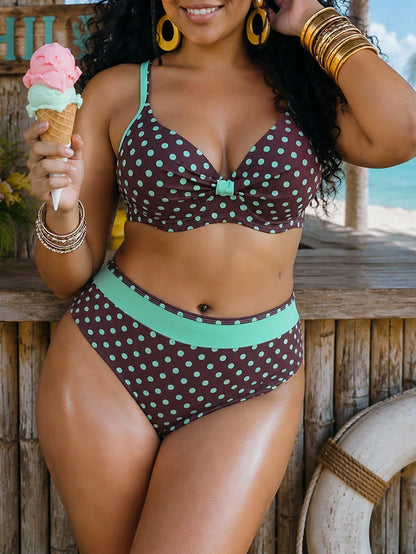 Swim Lushoire Plus Size Women 2-Piece Random Polka Dot Print 2026 Hot-Selling New Fashion Vacation Daily Minimalist Casual Underwire Molded Cup Push-Up Sexy High Waist Triangle Bottom Tummy Control Sl