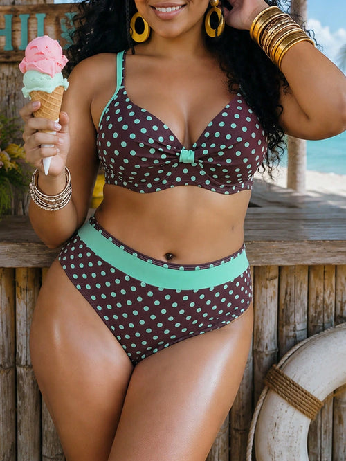 Swim Lushoire Plus Size Women 2-Piece Random Polka Dot Print 2026 Hot-Selling New Fashion Vacation Daily Minimalist Casual Underwire Molded Cup Push-Up Sexy High Waist Triangle Bottom Tummy Control Sl
