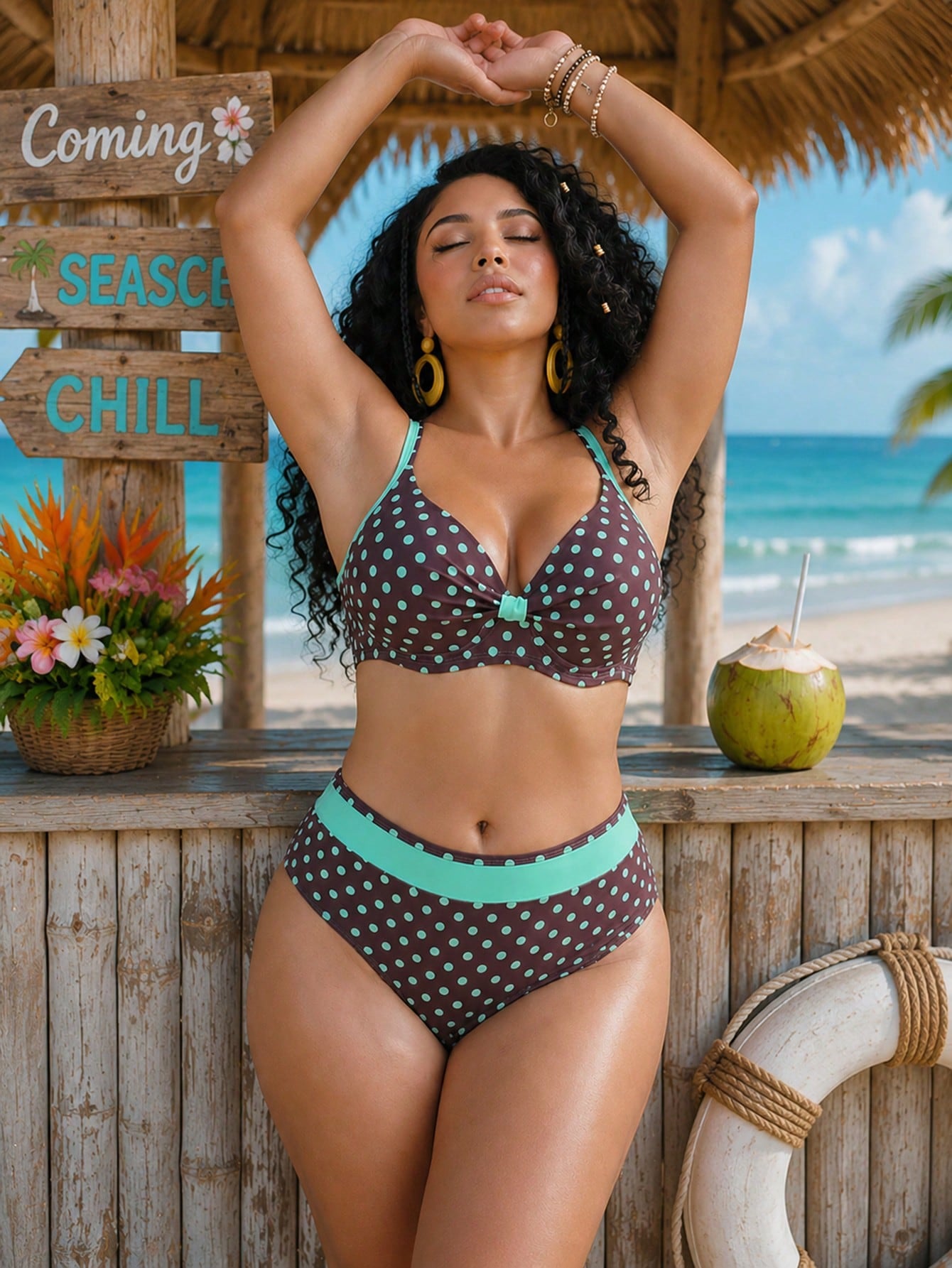Swim Lushoire Plus Size Women 2-Piece Random Polka Dot Print 2026 Hot-Selling New Fashion Vacation Daily Minimalist Casual Underwire Molded Cup Push-Up Sexy High Waist Triangle Bottom Tummy Control Sl