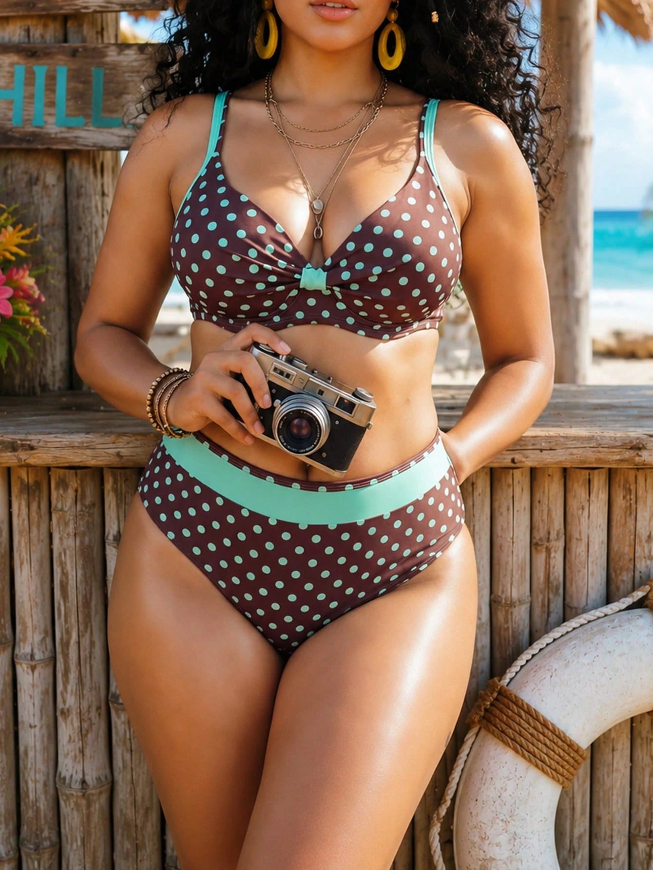 Swim Lushoire Plus Size Women 2-Piece Random Polka Dot Print 2026 Hot-Selling New Fashion Vacation Daily Minimalist Casual Underwire Molded Cup Push-Up Sexy High Waist Triangle Bottom Tummy Control Sl