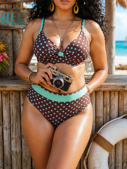 Swim Lushoire Plus Size Women 2-Piece Random Polka Dot Print 2026 Hot-Selling New Fashion Vacation Daily Minimalist Casual Underwire Molded Cup Push-Up Sexy High Waist Triangle Bottom Tummy Control Sl