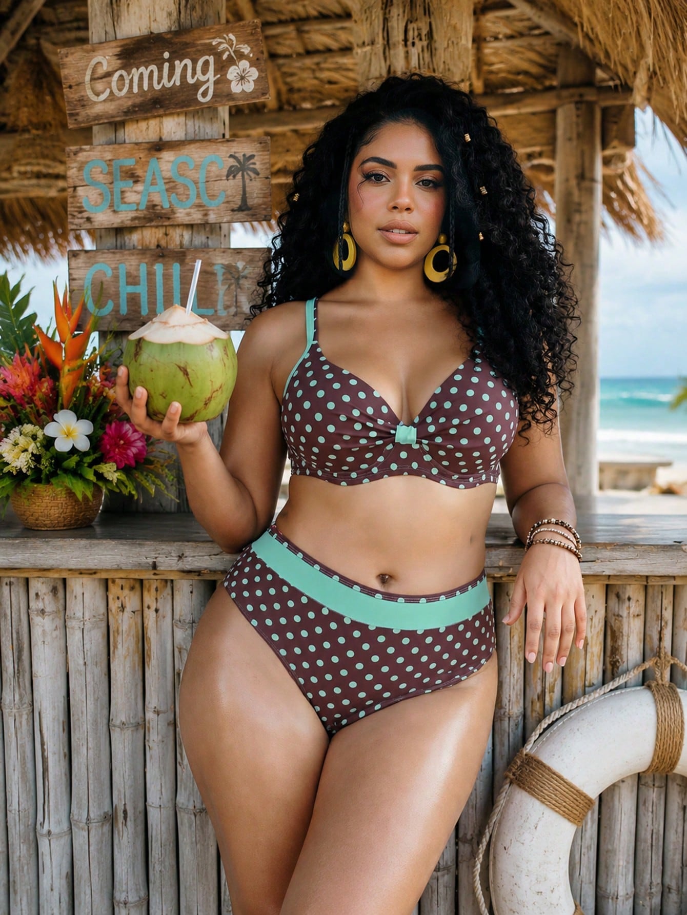 Swim Lushoire Plus Size Women 2-Piece Random Polka Dot Print 2026 Hot-Selling New Fashion Vacation Daily Minimalist Casual Underwire Molded Cup Push-Up Sexy High Waist Triangle Bottom Tummy Control Sl