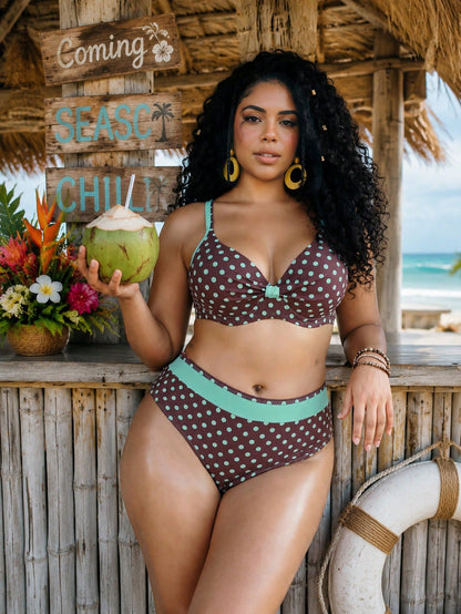 Swim Lushoire Plus Size Women 2-Piece Random Polka Dot Print 2026 Hot-Selling New Fashion Vacation Daily Minimalist Casual Underwire Molded Cup Push-Up Sexy High Waist Triangle Bottom Tummy Control Sl