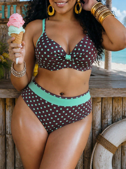 Swim Lushoire Plus Size Women 2-Piece Random Polka Dot Print 2026 Hot-Selling New Fashion Vacation Daily Minimalist Casual Underwire Molded Cup Push-Up Sexy High Waist Triangle Bottom Tummy Control Sl