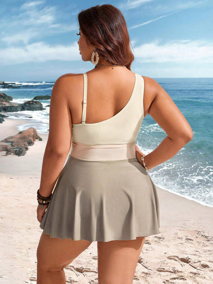 Swim Lushoire Plus Size Women 2pcs Set Contrast Color One-Shoulder Ruched Skirt Swimsuit Beach Cover Up For Summer Beach Vacation