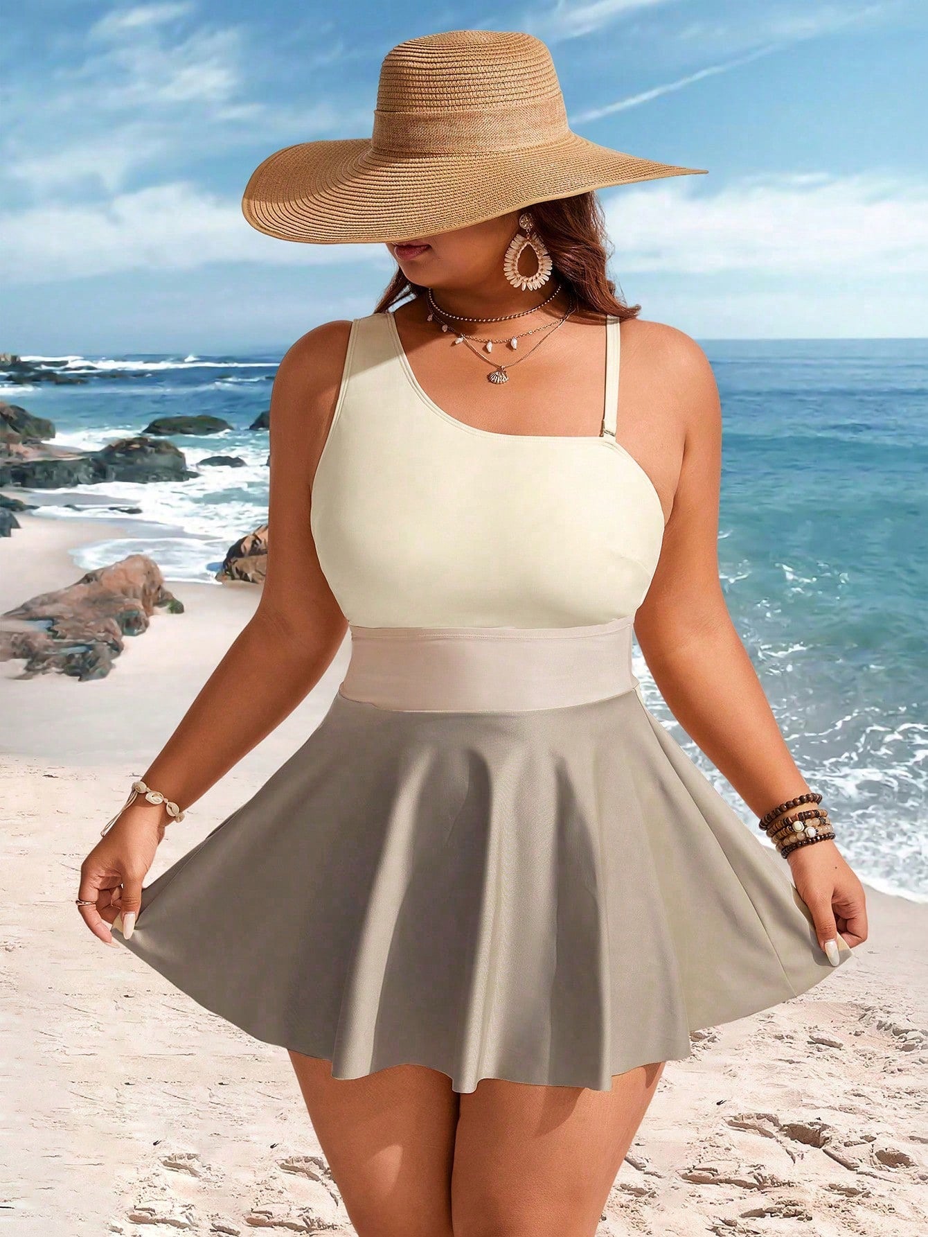Swim Lushoire Plus Size Women 2pcs Set Contrast Color One-Shoulder Ruched Skirt Swimsuit Beach Cover Up For Summer Beach Vacation
