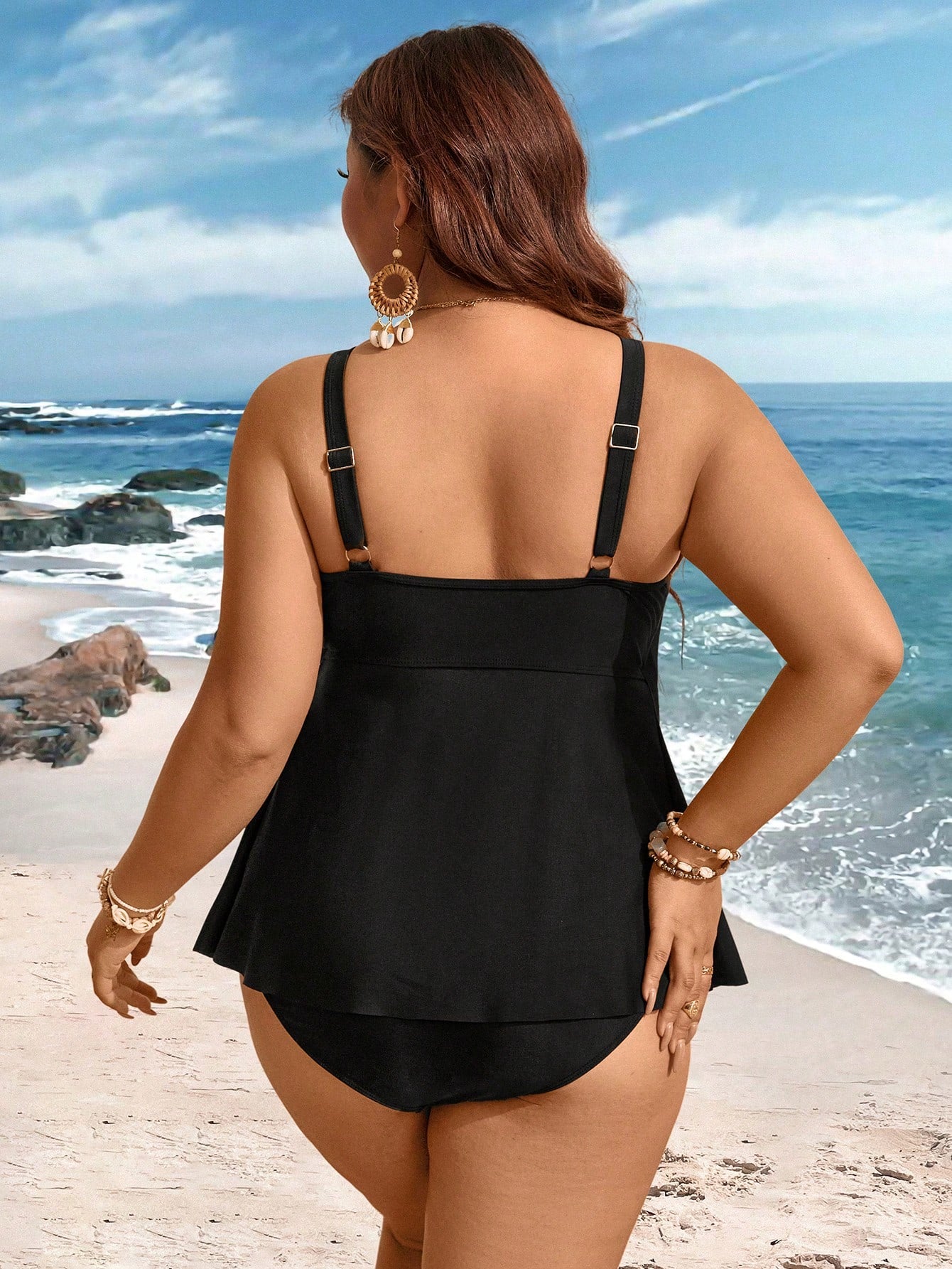 Swim Lushoire Plus Size Women 2pcs Solid Color Mesh Patchwork Tummy Slimming Casual Vacation Tankini Swimwear For Summer Beach Vacation