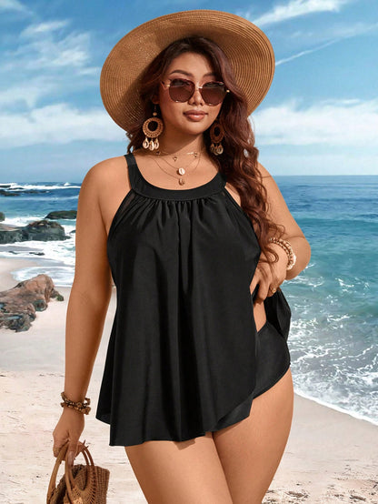Swim Lushoire Plus Size Women 2pcs Solid Color Mesh Patchwork Tummy Slimming Casual Vacation Tankini Swimwear For Summer Beach Vacation