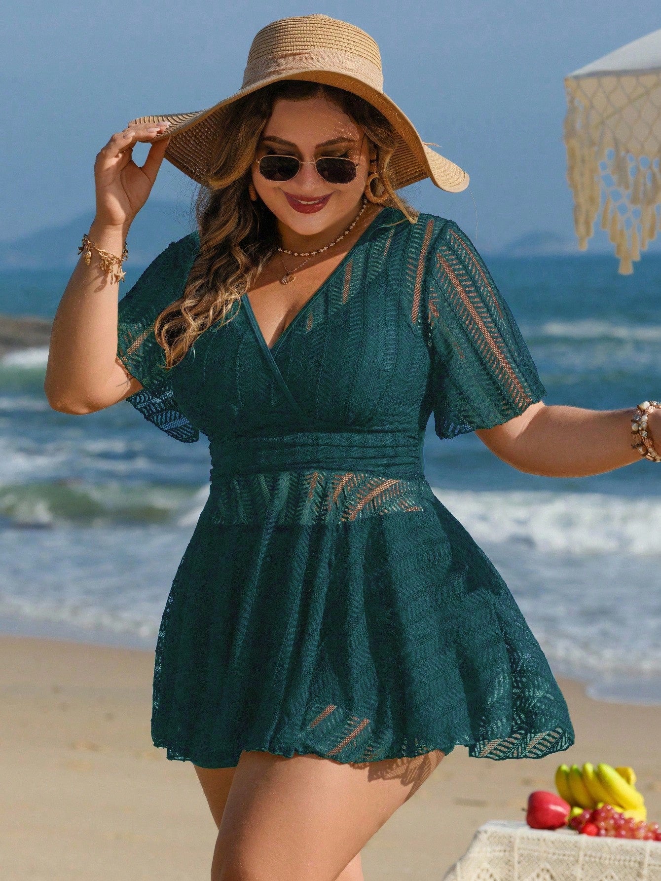 Swim Lushoire Plus Size Women 2pcs Solid Color Mesh Skirt Casual Beach Vacation Vacation Bikini Swimsuit Set Teal Summer