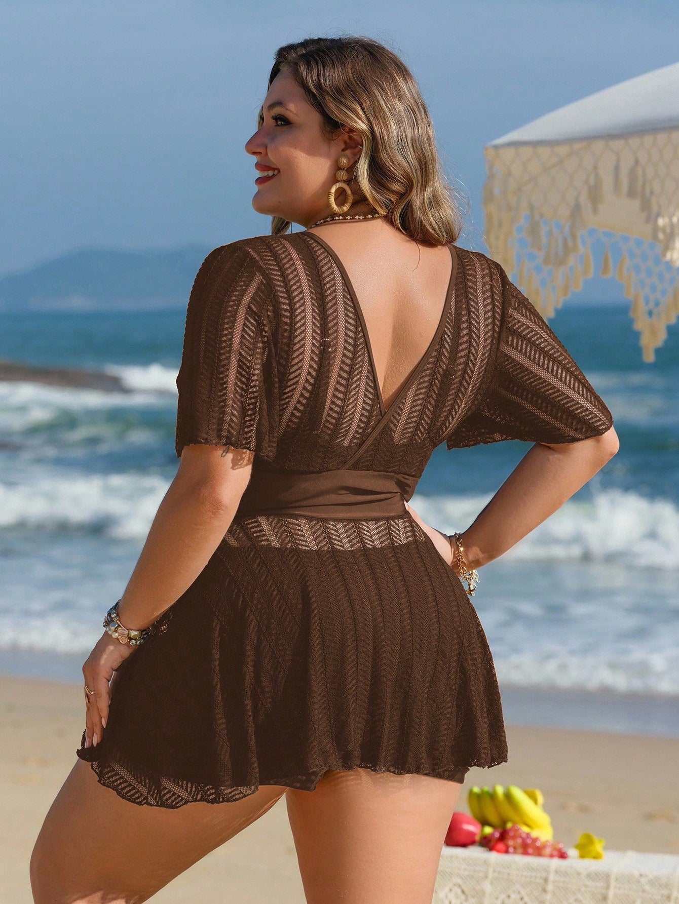 Swim Lushoire Plus Size Women 2pcs Solid Color Mesh Skirt Casual Beach Vacation Holiday Bikini Swimsuit Set Summer