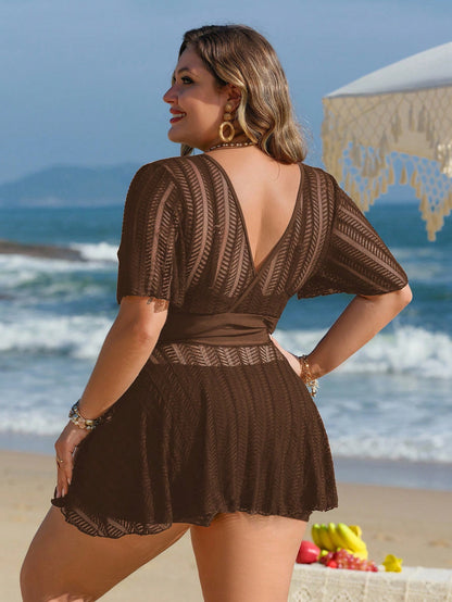 Swim Lushoire Plus Size Women 2pcs Solid Color Mesh Skirt Casual Beach Vacation Holiday Bikini Swimsuit Set Summer