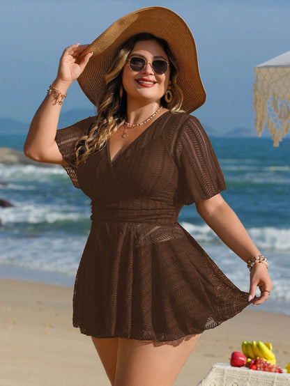 Swim Lushoire Plus Size Women 2pcs Solid Color Mesh Skirt Casual Beach Vacation Holiday Bikini Swimsuit Set Summer