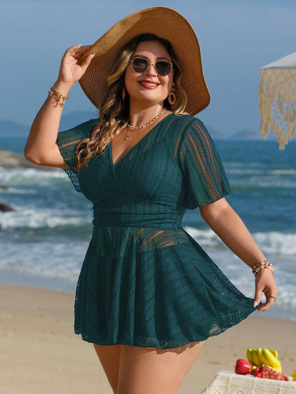 Swim Lushoire Plus Size Women 2pcs Solid Color Mesh Skirt Casual Beach Vacation Vacation Bikini Swimsuit Set Teal Summer