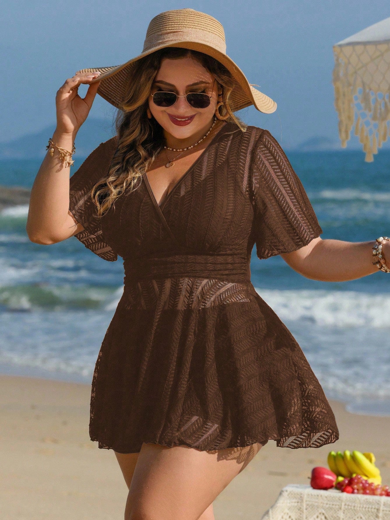 Swim Lushoire Plus Size Women 2pcs Solid Color Mesh Skirt Casual Beach Vacation Holiday Bikini Swimsuit Set Summer