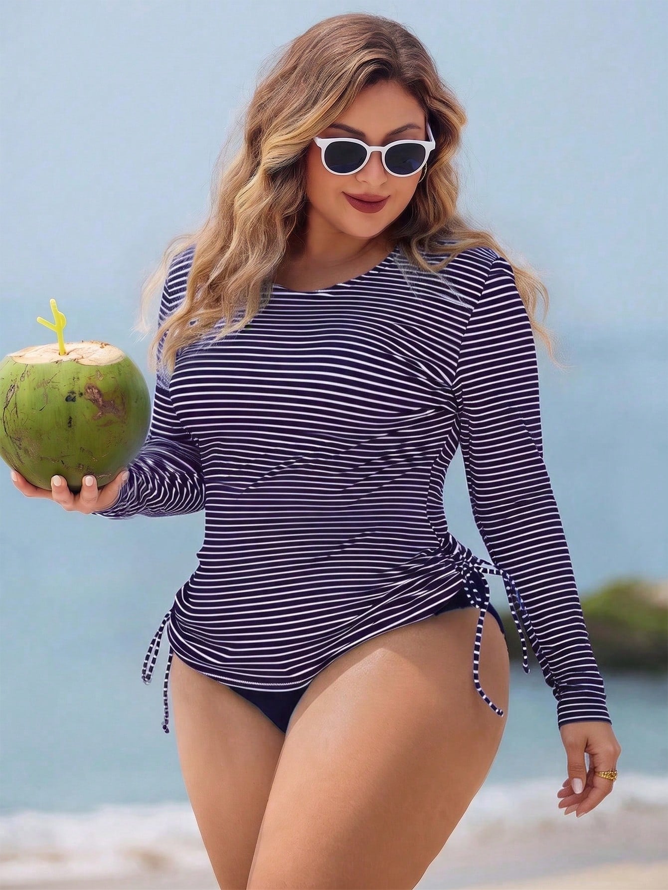Swim Lushoire Plus Size Women 2pcs Striped Long Sleeve Pullover Waist-Cinched Tummy Control Separate Mature Fashion Casual Vacation Swimsuit