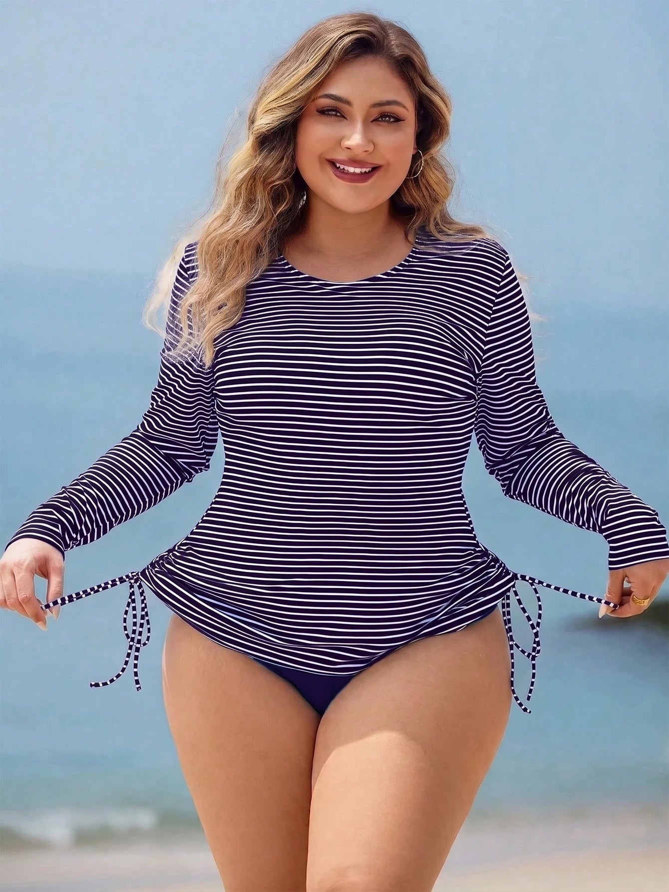 Swim Lushoire Plus Size Women 2pcs Striped Long Sleeve Pullover Waist-Cinched Tummy Control Separate Mature Fashion Casual Vacation Swimsuit