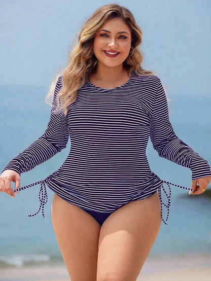 Swim Lushoire Plus Size Women 2pcs Striped Long Sleeve Pullover Waist-Cinched Tummy Control Separate Mature Fashion Casual Vacation Swimsuit