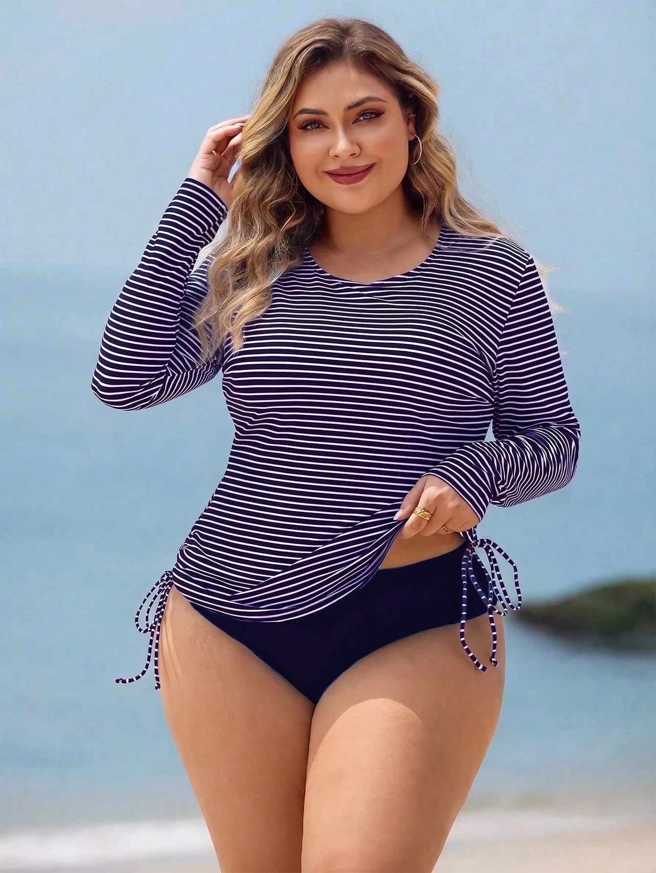 Swim Lushoire Plus Size Women 2pcs Striped Long Sleeve Pullover Waist-Cinched Tummy Control Separate Mature Fashion Casual Vacation Swimsuit