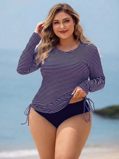 Swim Lushoire Plus Size Women 2pcs Striped Long Sleeve Pullover Waist-Cinched Tummy Control Separate Mature Fashion Casual Vacation Swimsuit