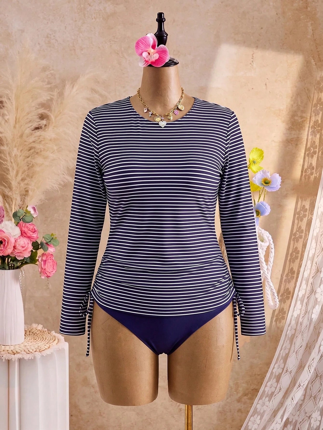 Swim Lushoire Plus Size Women 2pcs Striped Long Sleeve Pullover Waist-Cinched Tummy Control Separate Mature Fashion Casual Vacation Swimsuit