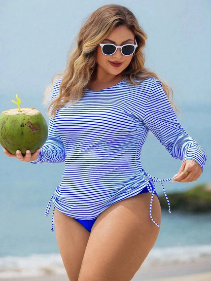 Swim Lushoire Plus Size Women 2pcs Striped Long Sleeve Pullover Waist-Cinched Tummy Control Separate Mature Fashion Casual Vacation Swimsuit