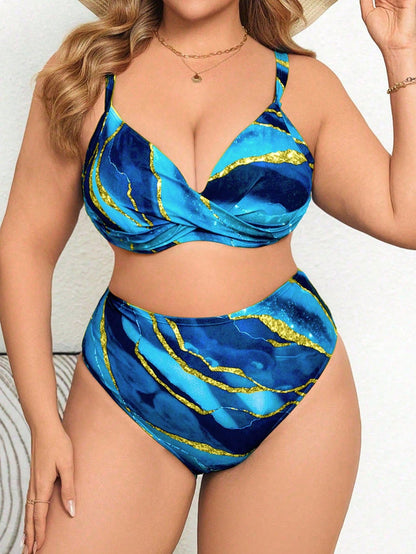 Swim Lushoire Plus Size Women Abstract Tie Dye Print Twist Front Bikini Set For Summer Beach Vacation