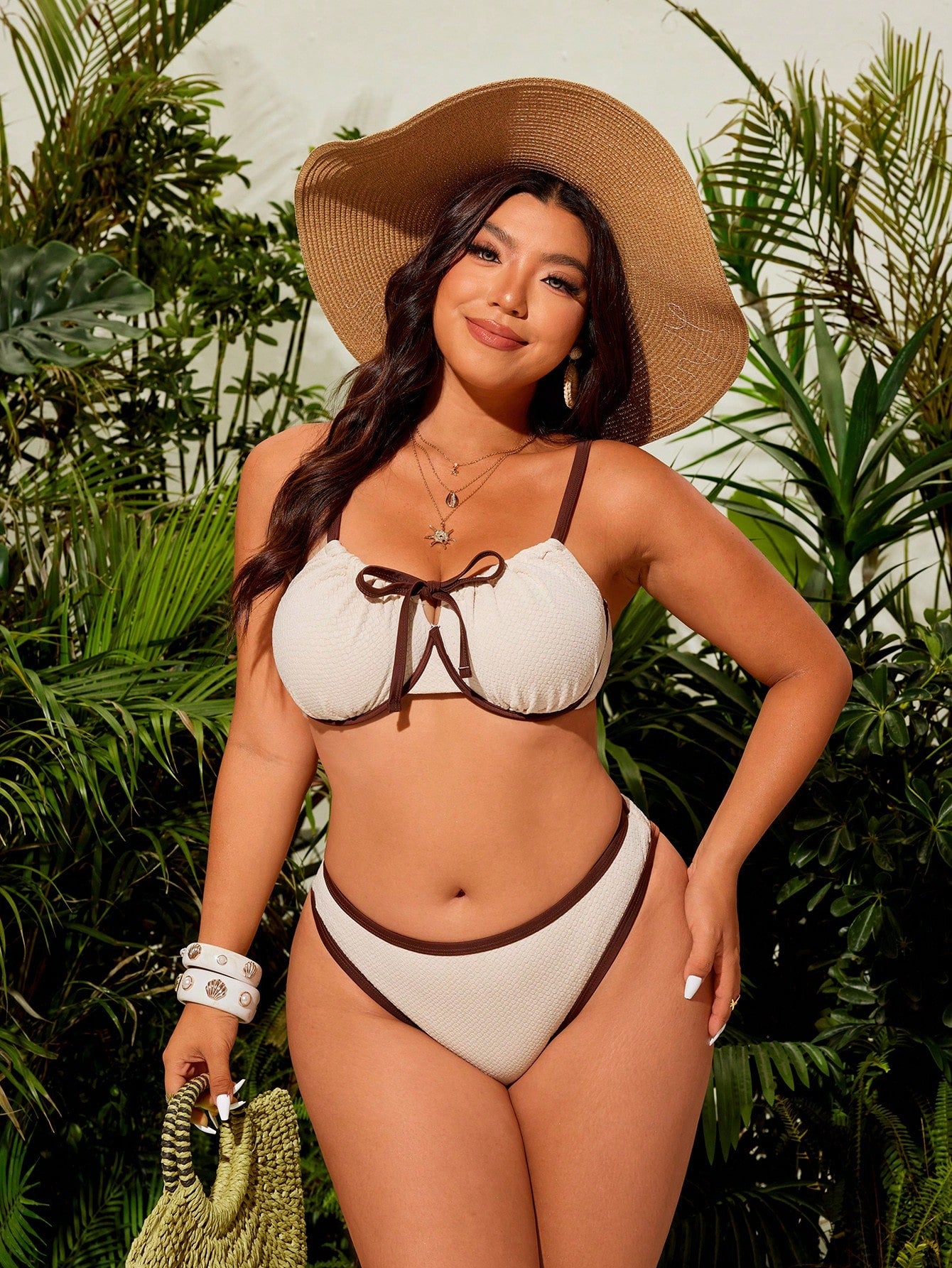 Swim Lushoire Plus Size Women Casual Minimalist Beach Holiday Beige Special Fabric Contrast Brown Stripe Tie-Waist Steel Bra Back Tie Two Pieces Swimwear Set