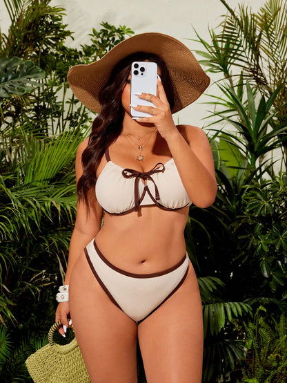 Swim Lushoire Plus Size Women Casual Minimalist Beach Holiday Beige Special Fabric Contrast Brown Stripe Tie-Waist Steel Bra Back Tie Two Pieces Swimwear Set