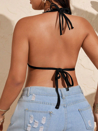 Swim Lushoire Plus Size Women Deep V Neck Drawstring Shoulder Strap Floral Trim Swimwear Top, Summer Beach Vacation