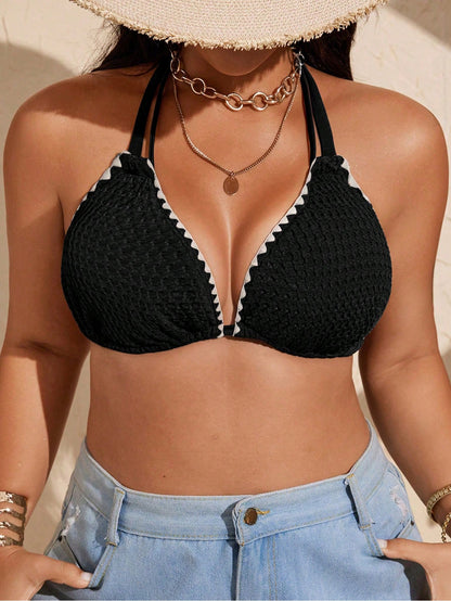 Swim Lushoire Plus Size Women Deep V Neck Drawstring Shoulder Strap Floral Trim Swimwear Top, Summer Beach Vacation