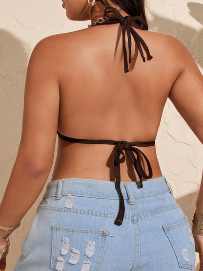 Swim Lushoire Plus Size Women Deep V Neck Drawstring Shoulder Strap Floral Trim Swimwear Top, Summer Beach Vacation