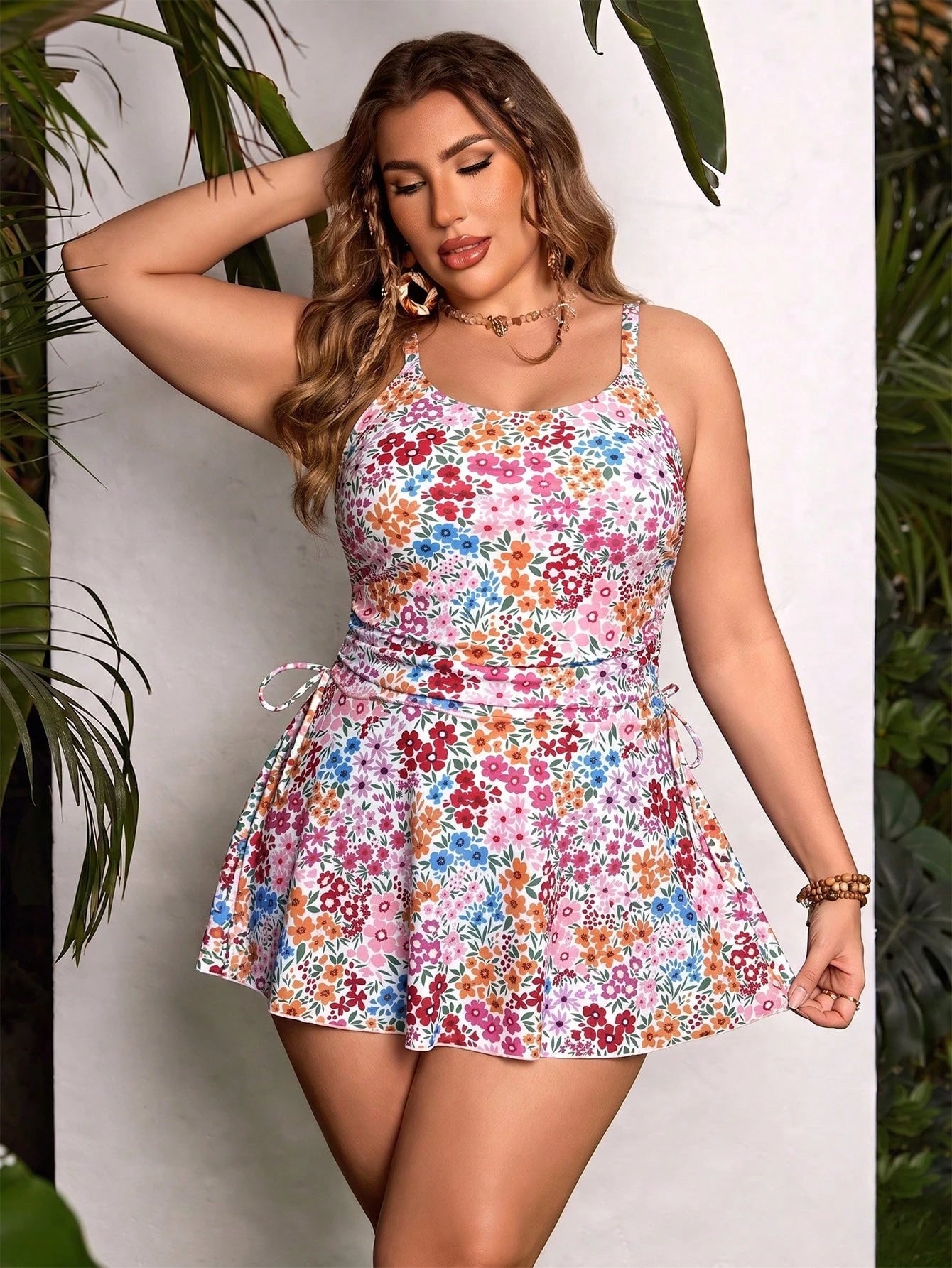 Swim Lushoire Plus Size Women Holiday Beach Vacation White Floral Print Spaghetti Strap Bow Tie Tankini Swimwear Dress Camisole Bikini Set Summer