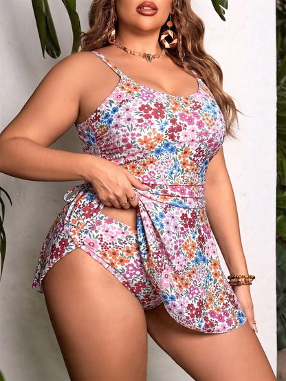 Swim Lushoire Plus Size Women Holiday Beach Vacation White Floral Print Spaghetti Strap Bow Tie Tankini Swimwear Dress Camisole Bikini Set Summer