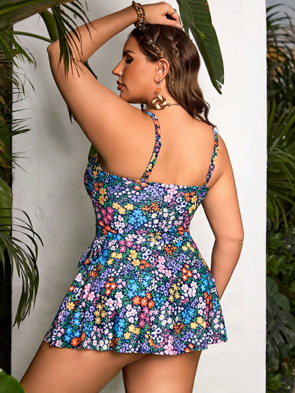 Swim Lushoire Plus Size Women Holiday Beach Vacation White Floral Print Spaghetti Strap Bow Tie Tankini Swimwear Dress Camisole Bikini Set Summer