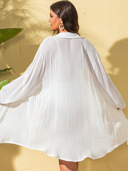 Swim Lushoire Plus Size Women Lace Patchwork Long Sleeve Shirt, For Summer Beach Vacation