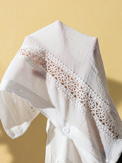 Swim Lushoire Plus Size Women Lace Patchwork Long Sleeve Shirt, For Summer Beach Vacation