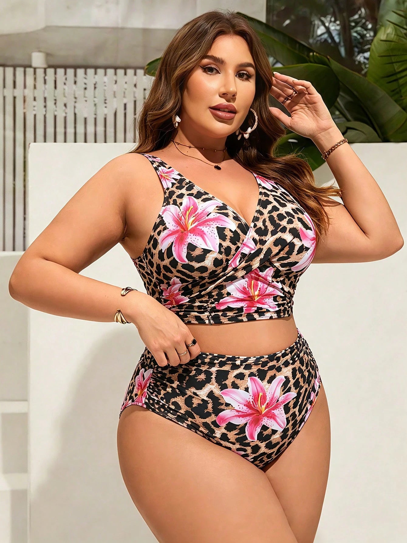 Swim Lushoire Plus Size Women Leopard Print Tankini Swimwear Set, Summer Beach