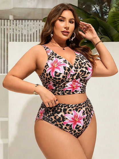 Swim Lushoire Plus Size Women Leopard Print Tankini Swimwear Set, Summer Beach