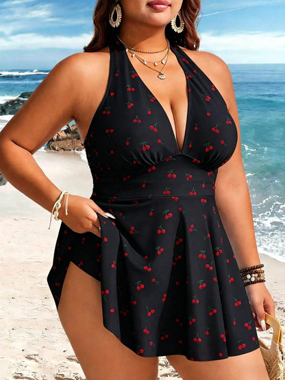 Swim Lushoire Plus Size Women's 2-Piece Striped Print Waist Ruched Halter Tankini Swimwear, Mature Minimalist Casual Resort Swimwear