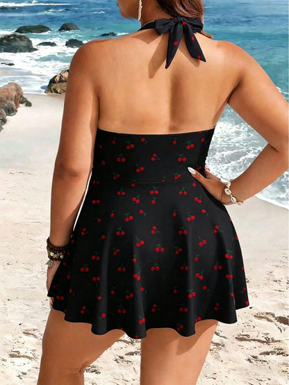 Swim Lushoire Plus Size Women's 2-Piece Striped Print Waist Ruched Halter Tankini Swimwear, Mature Minimalist Casual Resort Swimwear