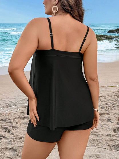 Swim Lushoire Plus Size Women's Black Two-Piece Bikini Set,Modest Tummy Control Tank Top,Comfortable Summer Beach Holiday Swimwear With Detachable Straps